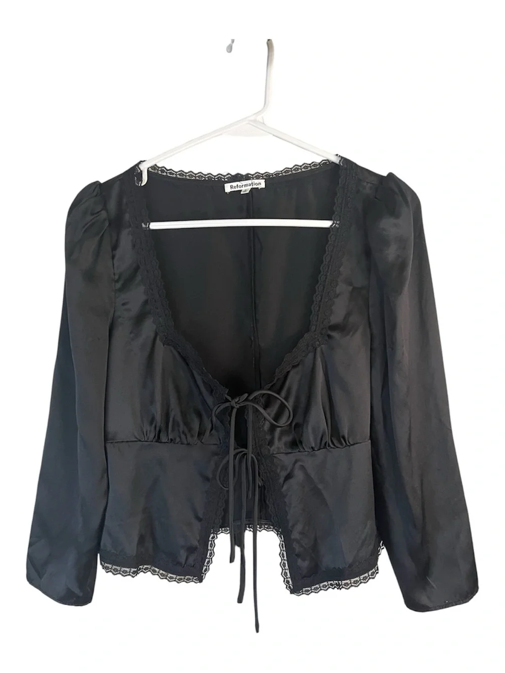 Reformation Lucinda Black Silk Satin Witchy lace-Trim Tie-Front Crop Blouse